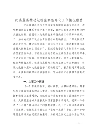 纪委监委推动纪检监察信息化工作情况报告