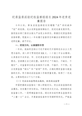 纪委监委派驻纪检监察组组长2024年述责述廉报告