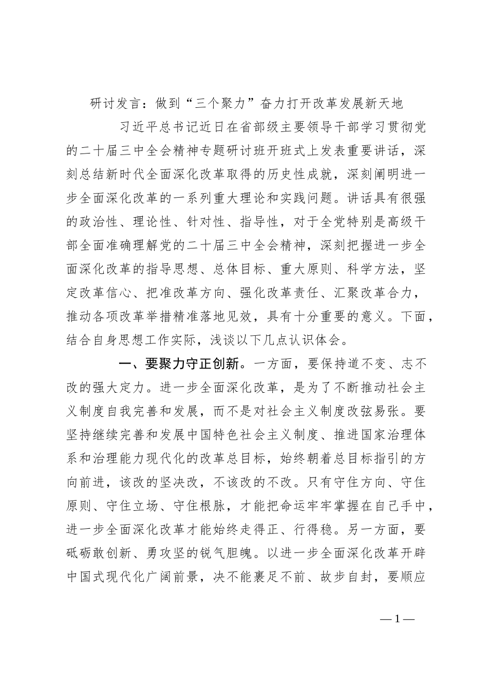 研讨发言：做到“三个聚力”奋力打开改革发展新天地_第1页