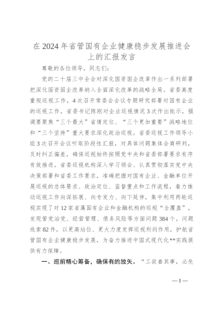 在2024年省管国有企业健康稳步发展推进会上的汇报发言