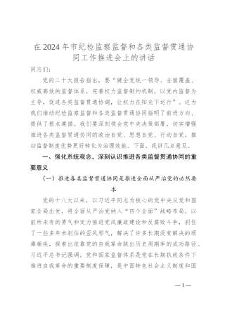在2024年市纪检监察监督和各类监督贯通协同工作推进会上的讲话