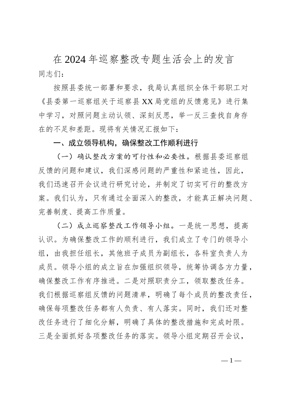 在2024年巡察整改专题生活会上的发言_第1页