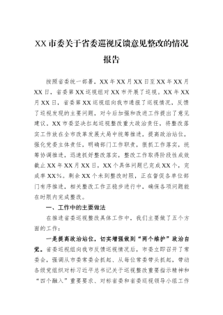 XX市委关于省委巡视反馈意见整改的情况报告