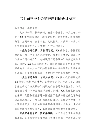 二十届三中全会精神轮训班研讨发言