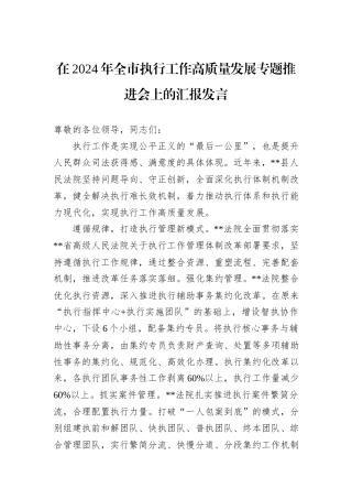 在2024年全市执行工作高质量发展专题推进会上的汇报发言