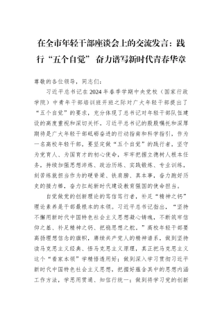 在全市年轻干部座谈会上的交流发言：践行“五个自觉”+奋力谱写新时代青春华章