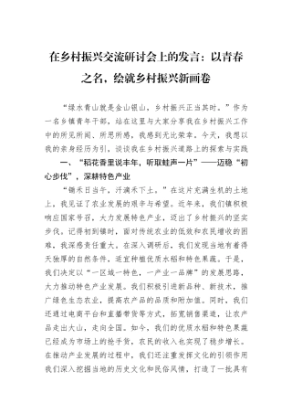 在乡村振兴交流研讨会上的发言：以青春之名，绘就乡村振兴新画卷