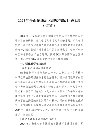 2024年全面依法治区进展情况工作总结（街道）