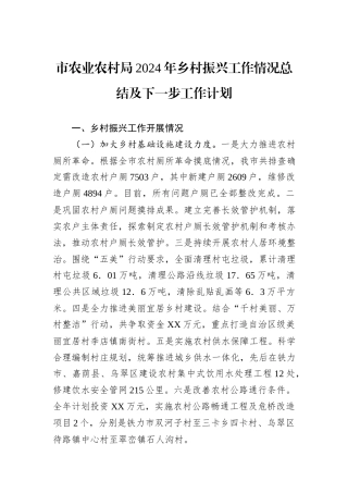 市农业农村局2024年乡村振兴工作情况总结及下一步工作计划