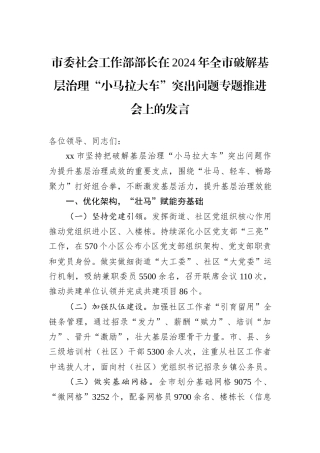 市委社会工作部部长在2024年全市破解基层治理“小马拉大车”突出问题专题推进会上的发言