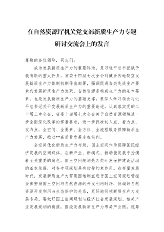 在自然资源厅机关党支部新质生产力专题研讨交流会上的发言