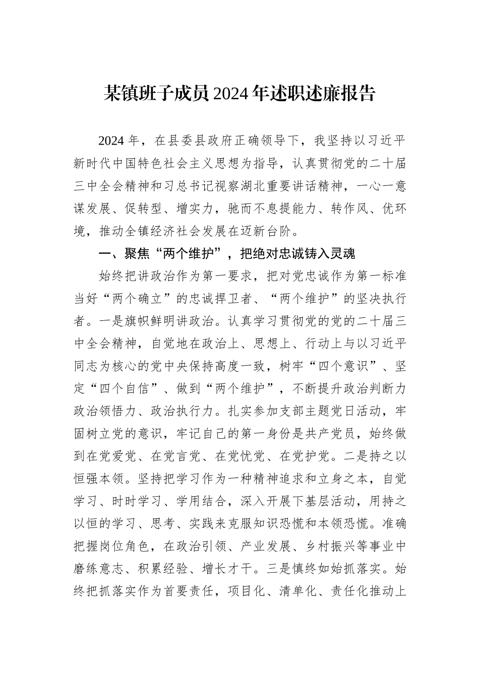 某镇班子成员2024年述职述廉报告_第1页