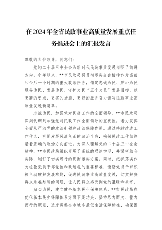 在2024年全省民政事业高质量发展重点任务推进会上的汇报发言