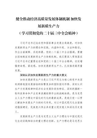 健全推动经济高质量发展体制机制+加快发展新质生产力