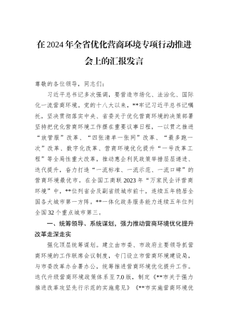 在2024年全省优化营商环境专项行动推进会上的汇报发言