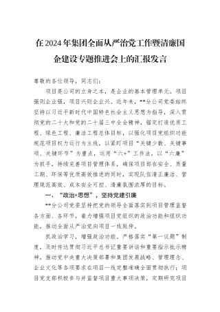 在2024年集团全面从严治党工作暨清廉国企建设专题推进会上的汇报发言