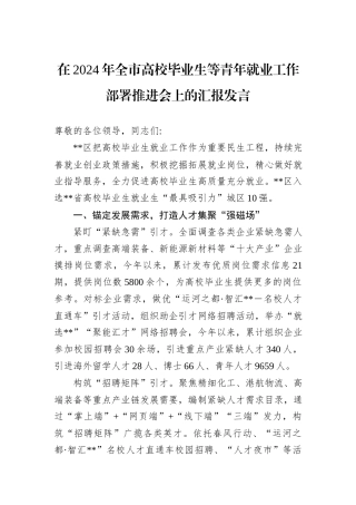 在2024年全市高校毕业生等青年就业工作部署推进会上的汇报发言