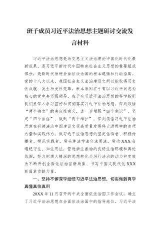 班子成员习近平法治思想主题研讨交流发言材料