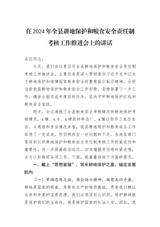 在2024年全县耕地保护和粮食安全责任制考核工作推进会上的讲话