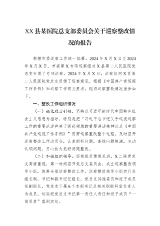 2024年XX县某医院总支部委员会关于巡察整改情况的报告