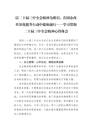 以二十届三中全会精神为指引，在国企改革深化提升行动中砥砺前行——学习贯彻二十届三中全会精神心得体会