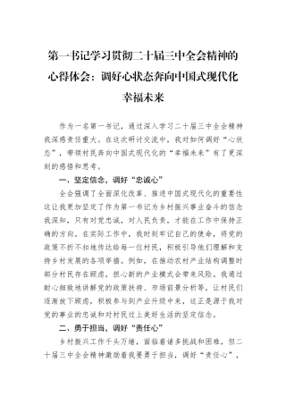 第一书记学习贯彻二十届三中全会精神的心得体会：调好心状态奔向中国式现代化幸福未来