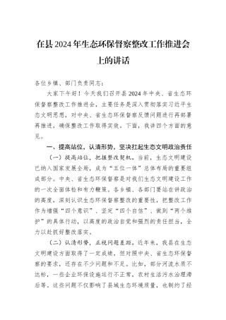 在县2024年生态环保督察整改工作推进会上的讲话