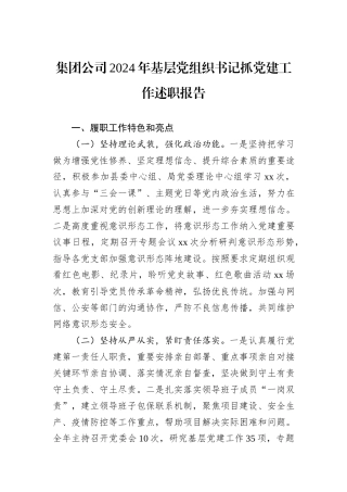 集团公司2024年基层党组织书记抓党建工作述职报告