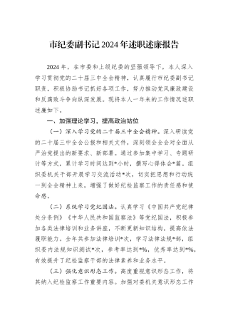 市纪委副书记2024年述职述廉报告