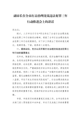副市长在全市打击治理洗钱违法犯罪三年行动推进会上的讲话