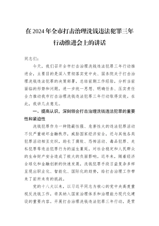 在2024年全市打击治理洗钱违法犯罪三年行动推进会上的讲话