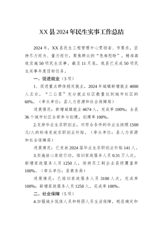 XX县2024年民生实事工作总结
