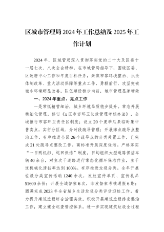 区城市管理局2024年工作总结及2025年工作计划