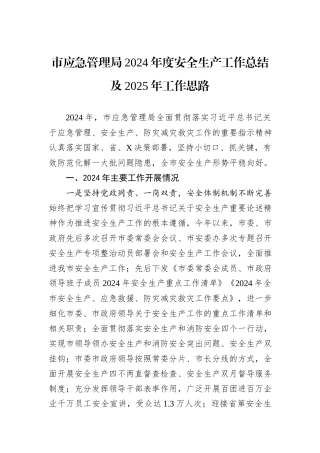 市应急管理局2024年度安全生产工作总结及2025年工作思路