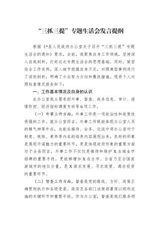 “三抓三提”专题生活会发言提纲