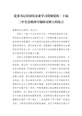 党委书记在国有企业学习贯彻党的二十届三中全会精神专题研讨班上的发言