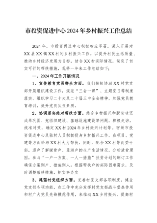 市投资促进中心2024年乡村振兴工作总结