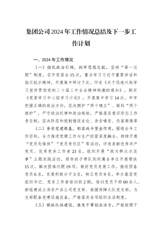 集团公司2024年工作情况总结及下一步工作计划