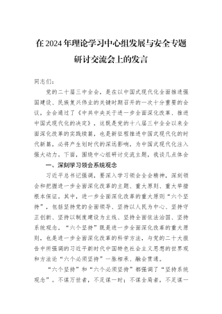 在2024年理论学习中心组发展与安全专题研讨交流会上的发言