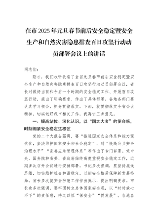 在市2025年元旦春节前后安全稳定暨安全生产和自然灾害隐患排查百日攻坚行动动员部署会议上的讲话