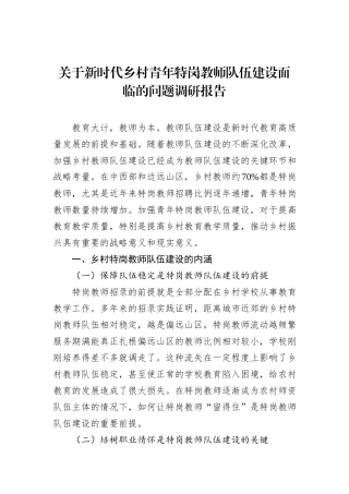关于新时代乡村青年特岗教师队伍建设面临的问题调研报告