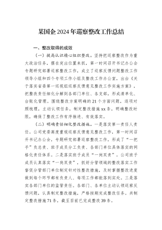 某国企2024年巡察整改工作总结