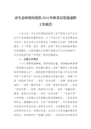 市生态环境局党组2024年抓基层党建述职工作报告