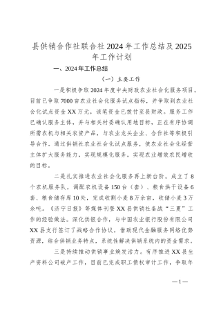 县供销合作社联合社2024年工作总结及2025年工作计划