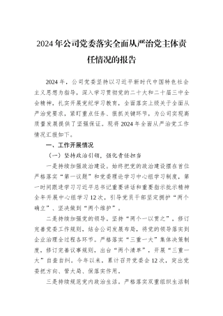 2024年公司党委落实全面从严治党主体责任情况的报告