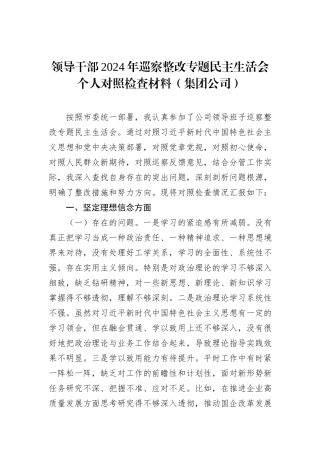 领导干部2024年巡察整改专题民主生活会个人对照检查材料（集团公司）
