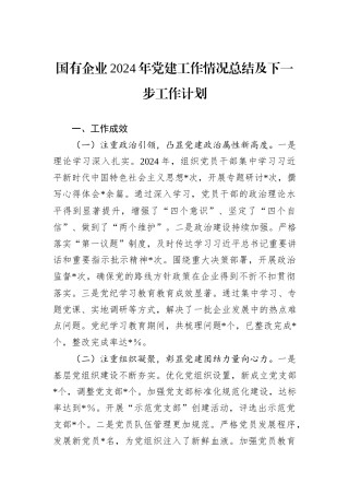 国有企业2024年党建工作情况总结及下一步工作计划