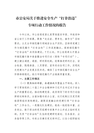 市公安局关于推进安全生产“打非治违”专项行动工作情况的报告