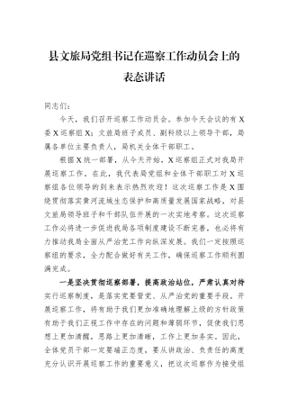 县文旅局党组书记在巡察工作动员会上的表态讲话