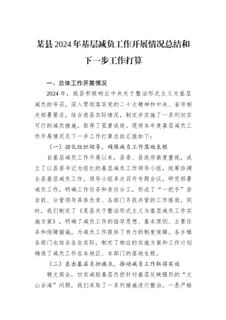 某县2024年基层减负工作开展情况总结和下一步工作打算